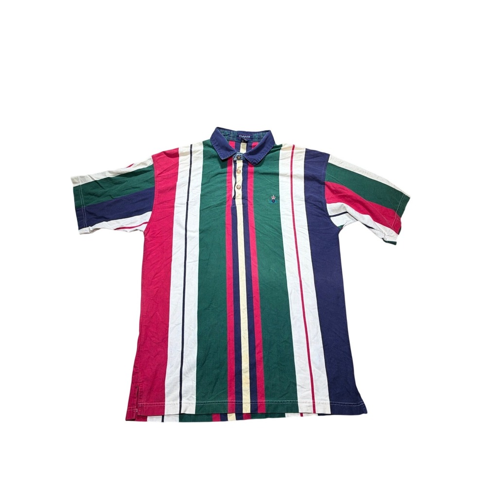 Vintage Gant Mens Large Multi Color Vertical Stripe Polo Shirt Denim Collar 90s